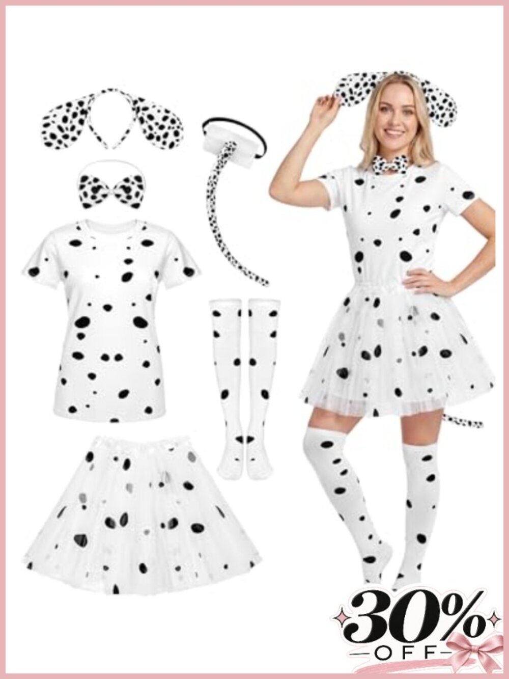 Dalmatian Costume Accessory Set Tutu Skirt Headband Tail Bowtie Socks